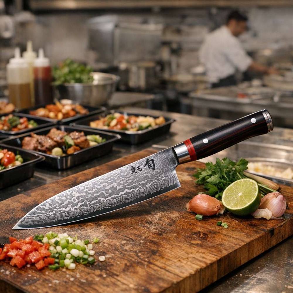 Le couteau de cuisine japonais dans la cuisine d'un traiteur